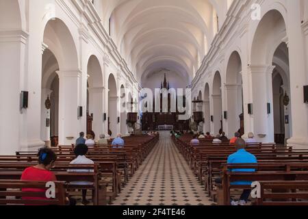 Cuba, Trinidad, Plaza Mayor, Interior of Iglesia Parroquial de la Santisima Trinidad  - Church of the Holy Trinity Stock Photo