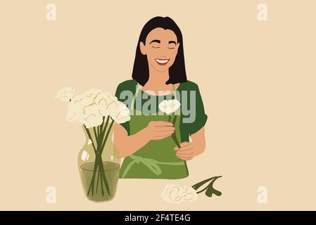 Cheerful woman make a bouquet of white tulips in green apron. Vector illustration in flat style. Spring mood concept. Florist in working process. Stock Vector