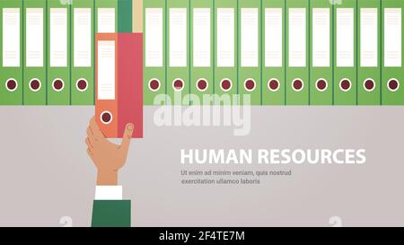 hr manager hand office pulling out red folder in archive recruitment human resources concept Stock Vector