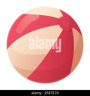 Red beach ball. Big stiped inflate rubber ball for water polo games. Summer leisure, beach activities concept. Stock vector illustration in cartoon Stock Vector
