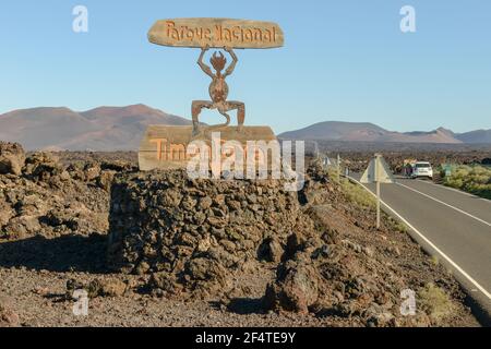 Road to Timanfaya national park at Lanzarote on Canary islands in Spain Stock Photo