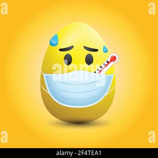 Easter egg with mask and thermometer vector illustration isolated on yellow gradient background. Easter egg vector. Egg emoticon with medical mask. Stock Vector