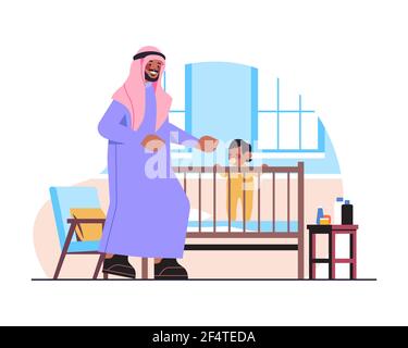 arab father playing with little son in crib fatherhood parenting concept dad spending time with his kid at home Stock Vector