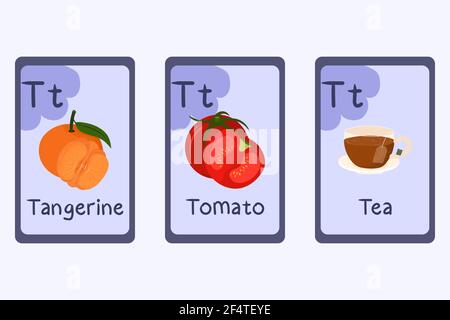 Colorful alphabet flashcard Letter T - tangerine, tea, tomato. Stock Vector