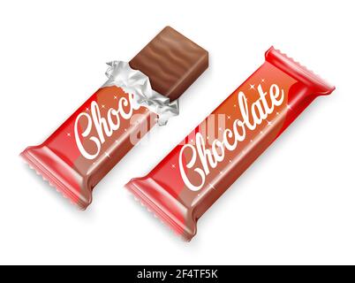 Chocolate bar or waffle in chocolate in opened red wrapped and foil Stock Vector