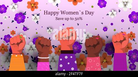 international womens day mix race raised fists holiday shopping sale concept different nationalities female hands Stock Vector