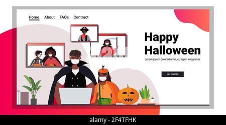happy halloween holiday celebration concept people in costumes discussing with friends during video call Stock Vector