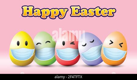 Happy Easter background vector illustration. Colorful Easter eggs vector. Eggs with medical mask. Stock Vector