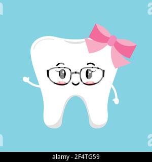 Cute tooth girl in glasses with pink bow and hands. Stock Vector