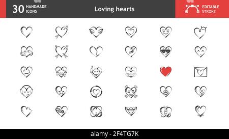 Romantic and funny loving heart icons. Broken, sad, happy, with arrows, etc. 30 handmade icons, vector images, with editable stroke. Stock Vector