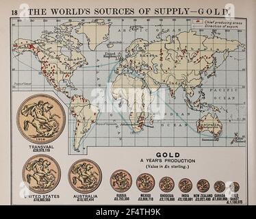 World map from 'Philips' Chamber of Commerce Atlas', 1912, showing