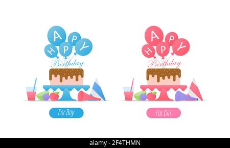 Happy birthday greeting illustrations set for boy and girl Vector illustration EPS 10 Stock Vector