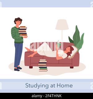 Student teen people study together, boy holding books stack, girl lying on sofa, reading Stock Vector