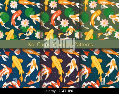 Koi carp fishes seamless pattern vector illustration set, goldfishes swim in water pond Stock Vector