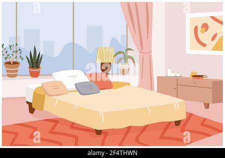 Bedroom hygge home interior, room design apartment with window, cozy bed and pillows Stock Vector