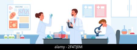 Cartoon scientist characters develop vaccine for coronavirus, holding lab analysis in test tube. People work in vaccine development science laboratory Stock Vector