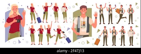 People travel poses set, young tourist woman man traveling with luggage, walking Stock Vector