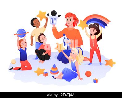 Children playroom, kids with teacher play in kindergarten, nursery preschool center Stock Vector