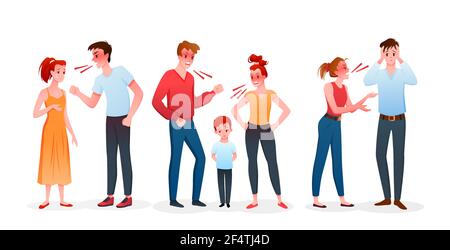 Cartoon angry man and woman have argument, quarreling before divorce, crying boy son child standing between divorcing parents isolated on white Stock Vector