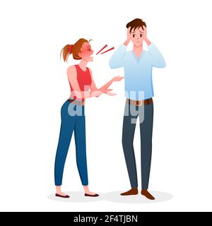 Family people quarrel, angry woman arguing, scolding to man, husband and wife in conflict Stock Vector