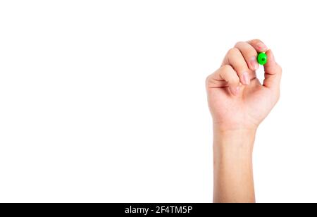 adult hand write something with marker isolated on white. Stock Photo