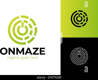 Initial letter o logo with on button template with circle lineart maze in flat design illustration. Stock Vector