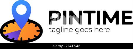 Pin Time Logo Template Design. Vector clock and map pointer logotype combination. Time and gps locator symbol or icon. Unique express and pin logotype Stock Vector