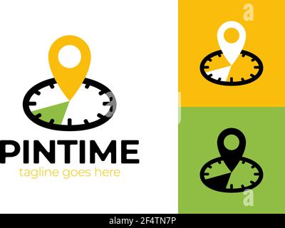 Pin Time Logo Template Design. Vector clock and map pointer logotype combination. Time and gps locator symbol or icon. Unique express and pin logotype Stock Vector