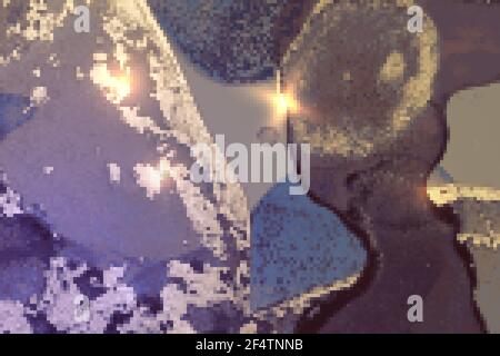Violet, blue and gold marble texture with sparkles. Abstract vector background in alcohol ink technique. Modern paint with glitter. Template for banne Stock Vector