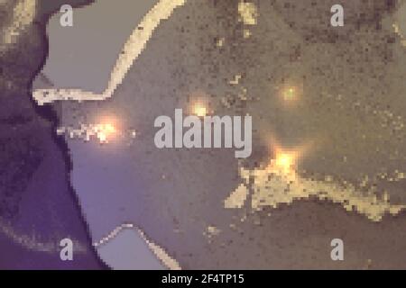Violet and gold marble texture with sparkles. Abstract vector background in alcohol ink technique. Modern paint with glitter. Template for banner, pos Stock Vector