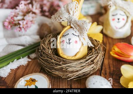 Selective focus shot of Easter eggs and decorations Stock Photo