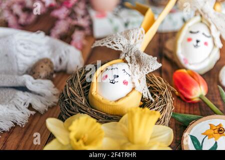 Selective focus shot of Easter eggs and decorations Stock Photo