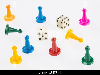 game pieces with dice isolated on white background Stock Photo