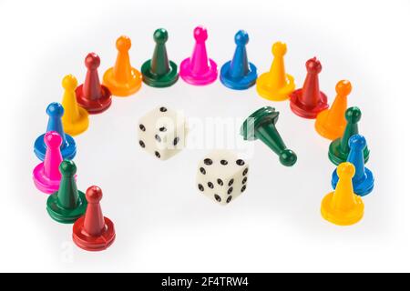 game pieces with dice isolated on white background Stock Photo