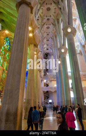 Detail of the interior of the Cathedral of La Sagrada Familia, designed by Gaudi, Barcelona, Spain. Stock Photo