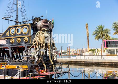 Dubai, UAE, 22.02.2021. Black Pearl Pirate Ship by Tour Dubai, docked at Dubai Creek Harbour, United Arab Emirates. Stock Photo