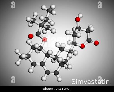 Simvastatin, molecule. It is belongs to the statin class, lipid-lowering drug. Molecular model. 3D rendering. 3D illustration Stock Photo