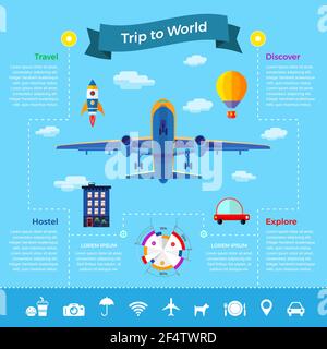 Travel explore, discover and trip to world. Infographics vector illustrations icons set in flat style Stock Vector