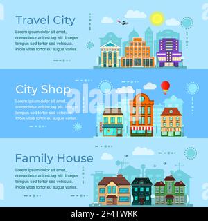 Urban city life. Landscape town with horizontal set isolated vector illustration Stock Vector