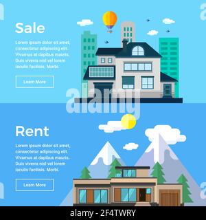 The Rent and Sale houses. Banner set. Flat  icons and text for advertisement. Stock Vector