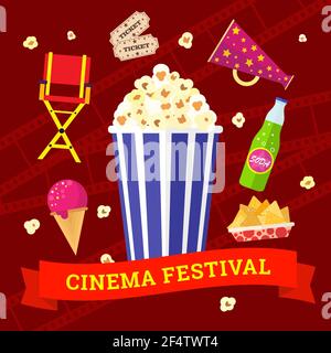 Vector flat movie elements with popcorn, drink, snacks and ice cream. Concept cinema. Stock Vector