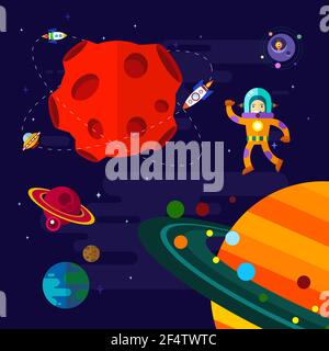 Vector flat space elements with spaceship, ufo and planets. Stock Vector