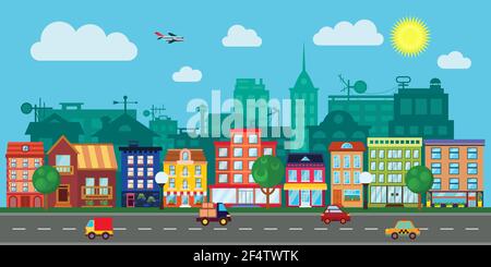 City street with urban buildings,houses, shops in flat style Stock Vector