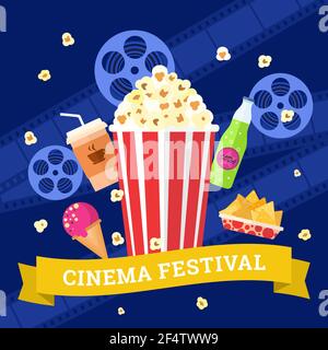 Vector flat movie elements with popcorn, drink, snacks and ice cream. Concept cinema. Stock Vector