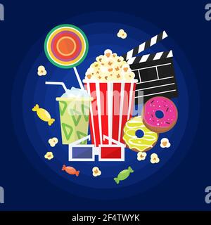 Vector flat movie elements with popcorn, candies, beverage and donuts. Concept movie. Stock Vector