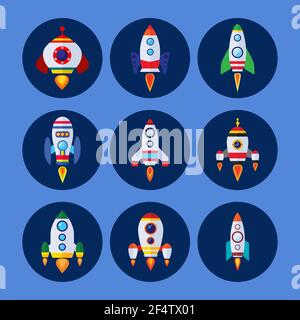 Space rockets vector icons set in flat style. Stock Vector