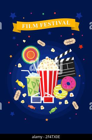 Vector flat movie elements with popcorn, candies, beverage and donuts. Concept movie. Stock Vector