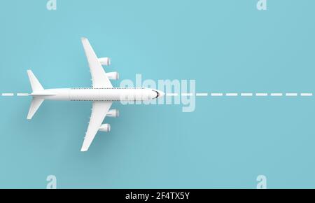 Plane on the runway. Top view and blue background. Minimal idea concept, 3d rendering Stock Photo