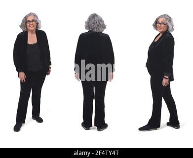 front, back and side veiw of same woman on white background Stock Photo