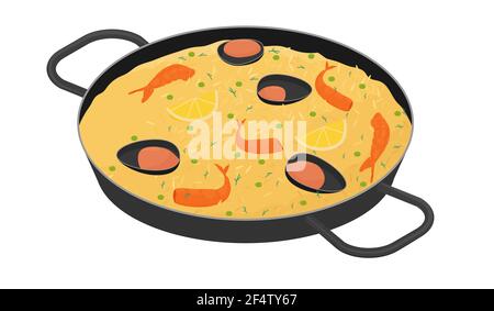 Paella with shrimps, oysters and lemon. Traditional spanish food. Vector illustration isolated on white. Stock Vector